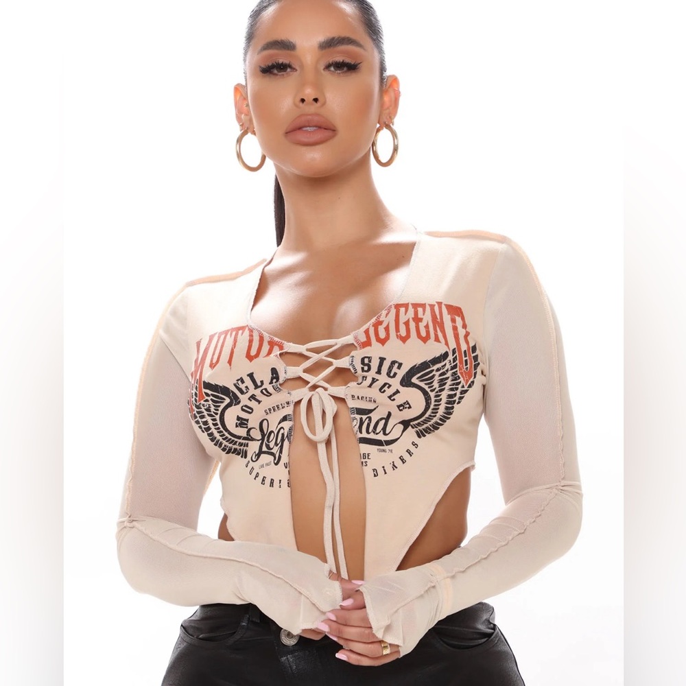 NWT Fashion Nova Motorcycle Legend Mesh Lace-Up Crop Top Nude Wmn’s Size M
